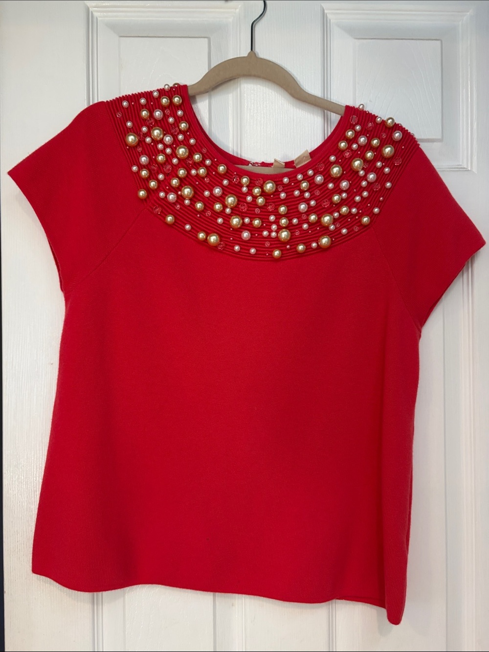 Moth Red Short-Sleeve Top with Pearl & Bead Collar